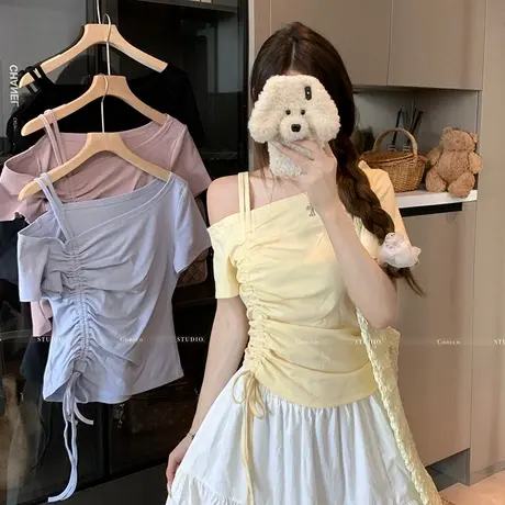 大码胖mm设计感斜领露肩抽绳上衣女夏季新款小众别致收腰显瘦T恤图片