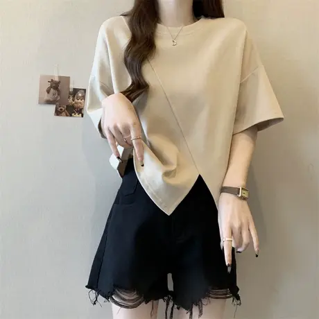不规则开叉下摆短袖T恤女夏季宽松韩版内搭打底衫设计感短款上衣商品大图
