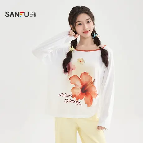 三福长T恤2025夏季侧边抽绳撞色花朵罩衫圆领上衣女装503878图片