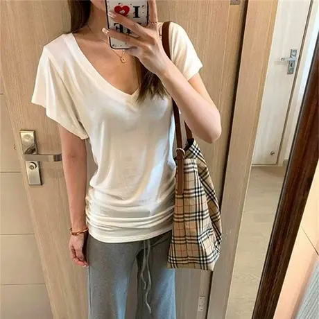 白色V领正肩短袖T恤女夏季2025新款韩版修身chic甜辣收腰半袖上衣商品大图