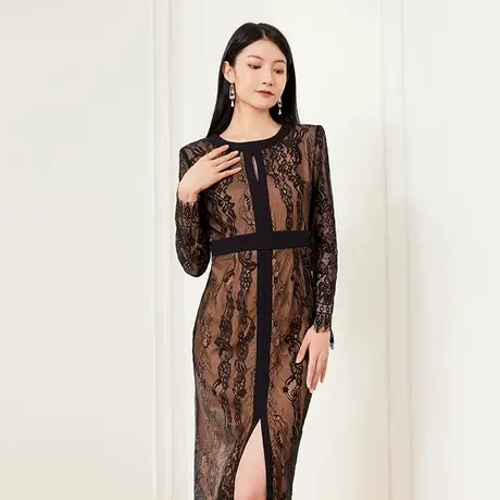 希区瑞普蕾丝长袖气质连衣裙女新中式国风春新款开叉收腰显瘦商品大图