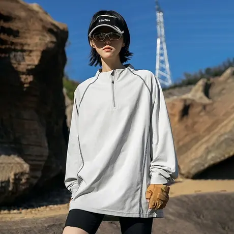 回力户外半拉链速干防晒T恤男女夏季透气吸湿运动宽松长袖训练服商品大图