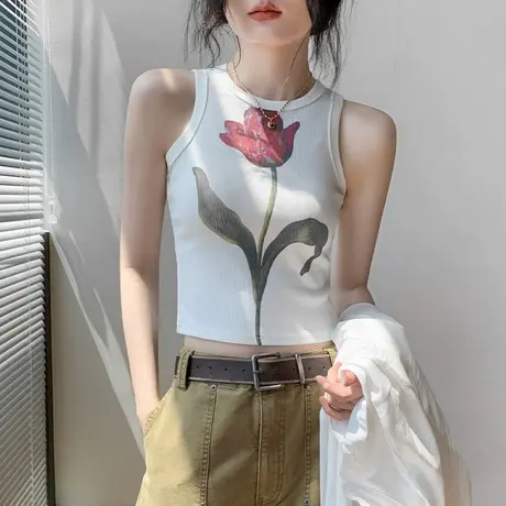 时尚独特花朵印花设计感圆领无袖背心女秋衬衫内搭别致修身打底衫图片