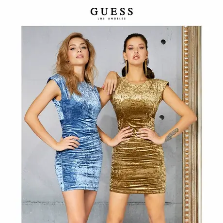 GUESS女士纯色微弹无袖褶皱质感收腰连衣裙W1BK19KATV1商品大图