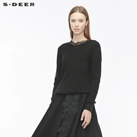 sdeer圣迪奥秋冬优雅V领蕾丝拼接落肩黑色针织衫毛衣女S194835L9图片