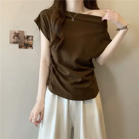 甜飒风纯欲性感一字肩短袖T恤女夏装宽松百搭韩版褶皱半袖上衣服商品大图