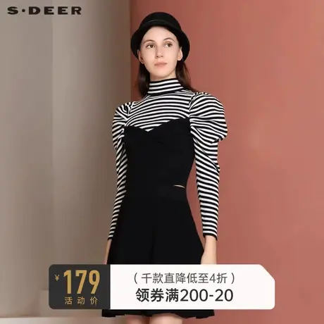 sdeer圣迪奥秋冬复古高领条纹拼接泡泡袖针织衫S21463574图片