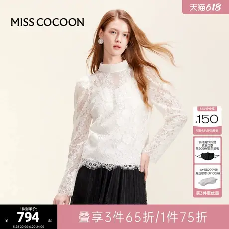 可可尼COCOON【千金锦鲤】2025夏季新款宫廷风泡泡袖蕾丝雪纺衫女商品大图