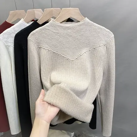 一体绒半高领毛衣女加绒加厚打底衫2024秋冬新款钉珠针织内搭上衣商品大图