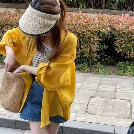 法式高级感黄色长袖薄款衬衫女2025新款夏季宽松休闲气质防晒上衣图片
