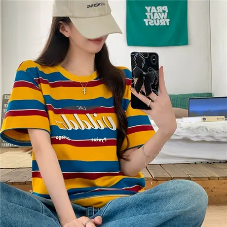 潮牌复古撞色条纹短袖t恤女2025新款夏oversize美式慵懒休闲上衣图片