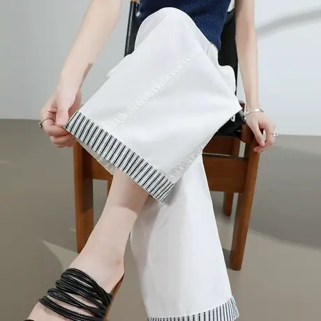 条纹卷边阔腿裤女夏季薄款高腰直筒宽松白色小个子九分休闲弯刀裤图片