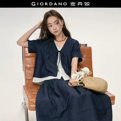 设计师款佐丹奴假两件衬衫女牛仔拼接条纹V领短袖衬衫女18345214图片