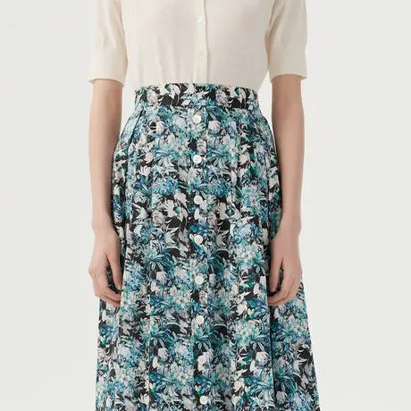 朗姿夏季款纯棉印花高腰中长裙半身裙伞裙收腰显瘦线下同款商品大图