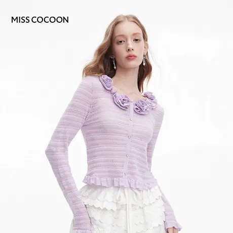 MISSCOCOON可可尼立体盘花上衣女2025秋季新款紫色绵羊毛针织衫商品大图