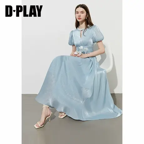 DPLAY2025年夏季新款蓝色流光气质连衣裙女独特法式短袖裙子长裙商品大图