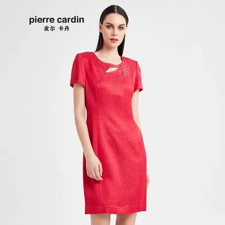 皮尔卡丹女夏季新款玫红色短袖圆领连衣裙通勤中裙商品大图