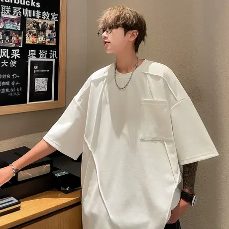 短袖T恤男夏季新款休闲美式大码圆领体恤港风设计感透气运动半袖商品大图