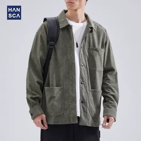 hansca华夫格设计感衬衫男长袖2022秋季韩版潮流纯色宽松开衫外套商品大图
