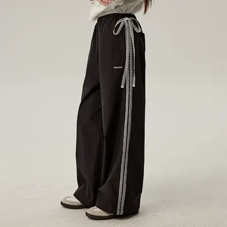 omont蛋挞家复古蕾丝拼接休闲裤子2025春季高腰休闲显瘦阔腿长裤商品大图