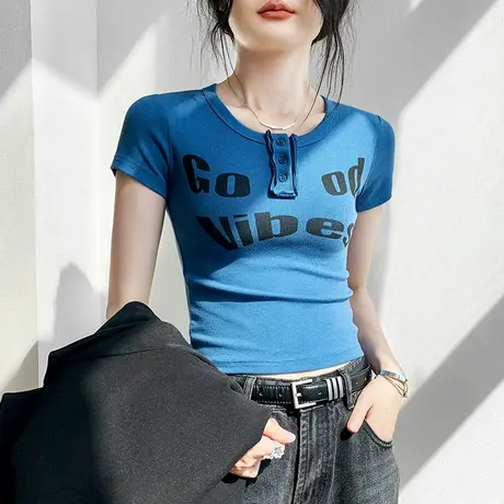 纽扣圆领印花短袖T恤女2025春夏新款修身洋气字母设计感内搭上衣图片