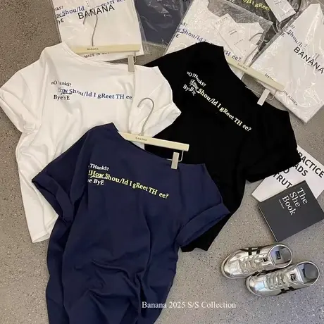 韩国东大门夏季新款印花字母斜领露肩短袖T恤女宽松显瘦辣妹上衣图片