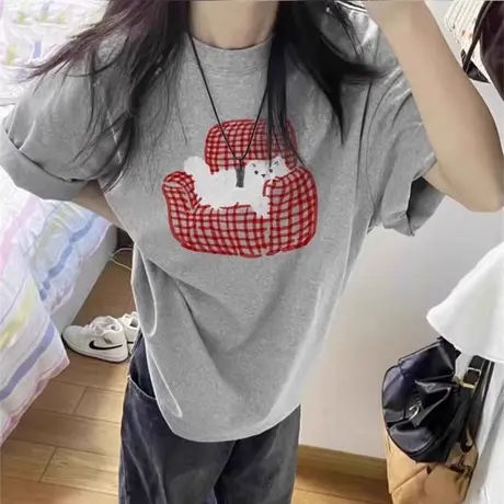 童趣风卡通印花短袖T恤女夏季宽松韩版百搭纯棉打底衫半袖上衣潮商品大图