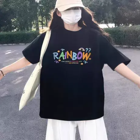 胖mm欧美高街女短袖t恤宽松ins潮嘻哈韩风chic上衣女复古半袖体恤商品大图