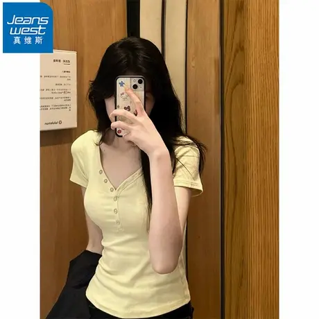 NR真维斯黄色V领正肩短袖t恤女夏季新款掐腰修身短款别致针织上衣商品大图