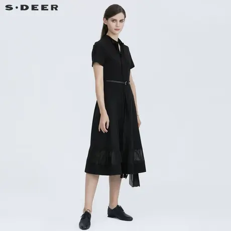 sdeer圣迪奥连衣裙夏季优雅V领收腰欧根纱拼接黑色长裙S21261235商品大图