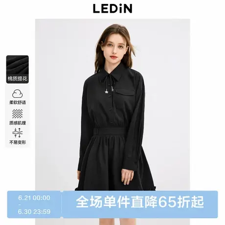 乐町收腰松紧衬衫裙秋季新款学院风可拆蝴蝶结黑色长袖连衣裙商品大图