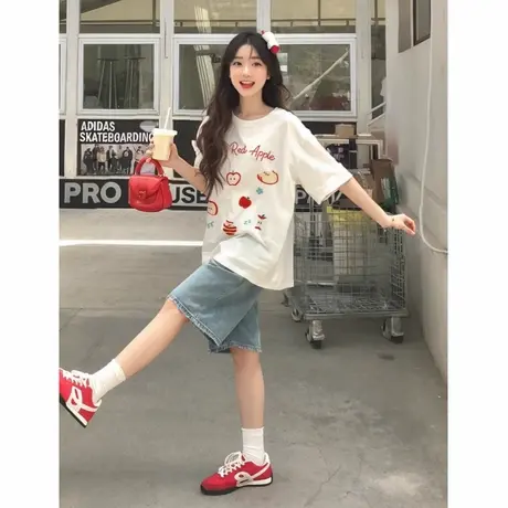 白色夏日ootd穿搭短袖t恤女2025新款纯棉宽松半袖巨好看的上衣女图片