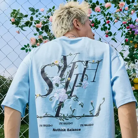 Nuthink美式复古玫瑰刺绣短袖男女潮牌字母T恤宽松半袖2025夏新款图片