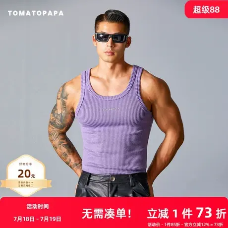 TOMATOPAPA美式背心2025夏季圆领潮男士运动螺纹高弹针织厚款健身图片