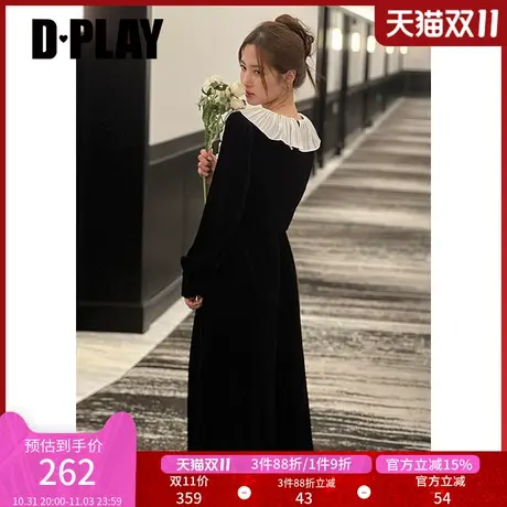 DPLAY2023冬新法式优雅黑拼白V领荷叶边垂感丝绒裙小黑裙轻礼服商品大图