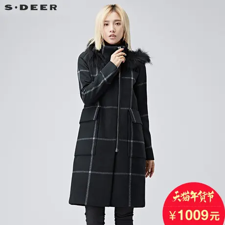 sdeer圣迪奥女装2018冬装经典格纹连帽毛领毛呢大衣外套S16481801图片