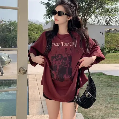 欧美古典风酒红色纯棉短袖t恤女2025新款爆款宽松显瘦女士上衣潮商品大图