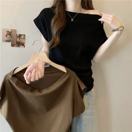 纯欲风一字领露肩褶皱短袖T恤女夏季宽松显瘦辣妹小心机上衣半袖商品大图
