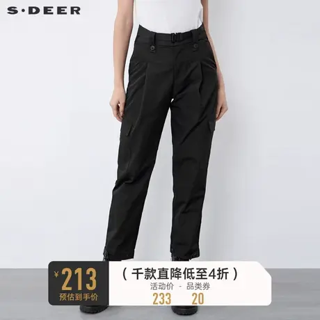 sdeer圣迪奥女装腰带拼接立体口袋工装黑色长裤S21480834图片
