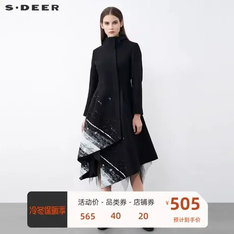 sdeer圣迪奥女装休闲高领泼墨印花不规则长款毛呢大衣S21481820图片