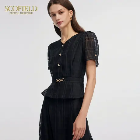 Scofield女装气质V领通勤衬衫简约泡泡袖黑色上衣夏季上衣商品大图
