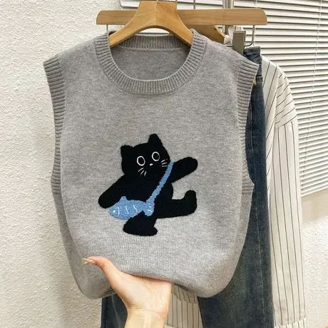 可爱减龄针织毛衣马甲背心女圆领刺绣小猫秋冬新款显瘦百搭马夹女商品大图