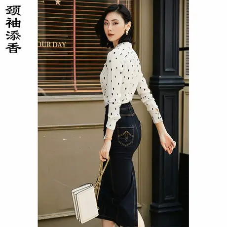 颈袖添香2024春季新款ol职业衬衫女长袖修身时尚通勤真丝波点衬衣图片