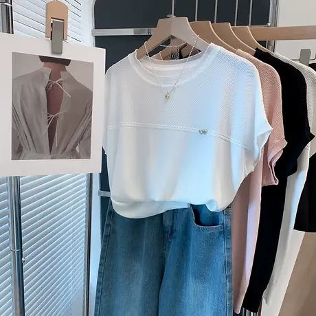 蕾丝冰丝针织衫女蝙蝠衫2025春夏新款圆领上衣外穿薄短袖t恤衫潮商品大图