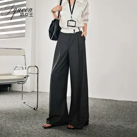 拼接阔腿裤女夏季新款职场透气百搭个性拖地长裤职业OL灰色西装裤商品大图