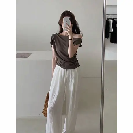 一字领露肩斜领针织短袖t恤女夏季设计感小众别致独特褶皱小上衣商品大图