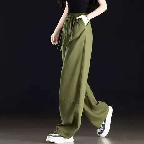 绿色阔腿休闲裤女夏季2025新款薄款垂感天丝裤子宽松慵懒风弯刀裤商品大图