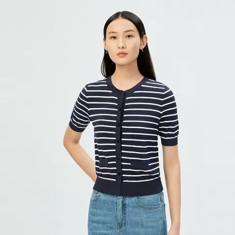 LANCY/悦朗姿夏季撞色条纹针织开衫女短袖通勤修身短外套商品大图
