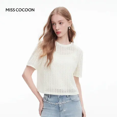 MISSCOCOON可可尼短款钉珠上衣女2025秋季新款亮片镂空蕾丝短袖商品大图