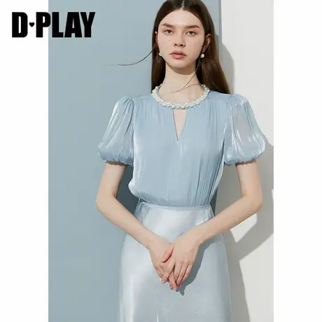 DPLAY2025年夏季新款蓝色泡泡袖上衣女好看漂亮短袖衬衫法式衬衣商品大图